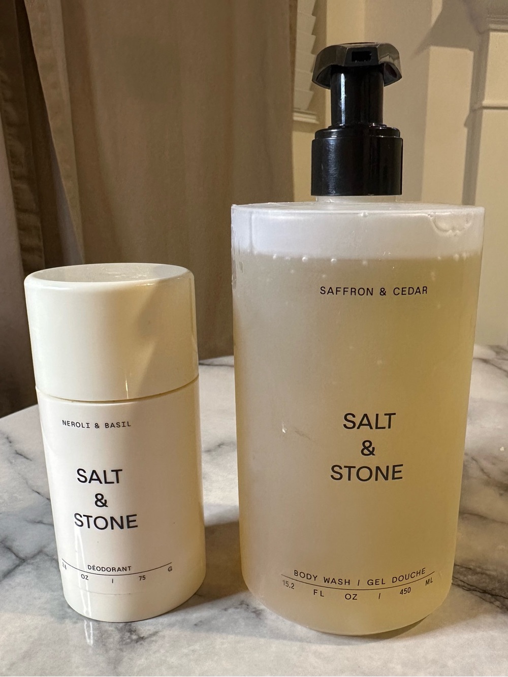 Saffron & Cedar Body Wash &  Neroli & Basil deodorant.